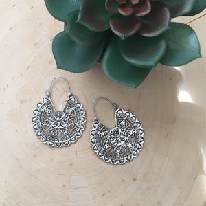 Silver Tribal Lotus Hoop Earrings